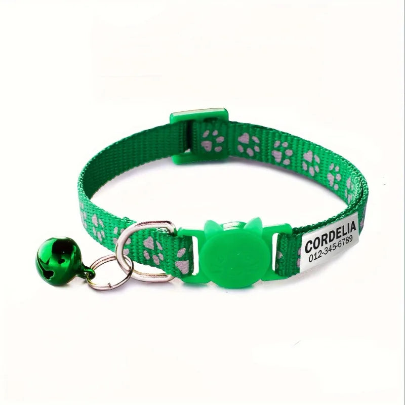 Custom Reflective Paw Cat Collar Personalized ID Adjustable Safety Buckle with Bell Free Engraving Nylon Puppy Kittens Necklace