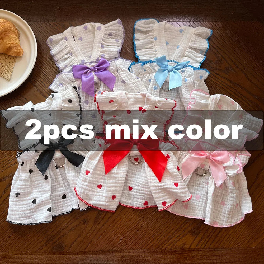 2 Pack Dogs Tutu Dresses Summer Breathable Cotton Puppy Pet Clothes Cute Heart Printed Small Dog Dress Kitty Cat Bowtie Costume