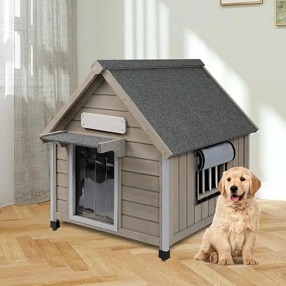 Outdoor Dog House Weatherproof Large Wooden Dog Kennel Indoor for Small Dogs with Chew-Proof Frame, Oxford Fabric Window, Remova