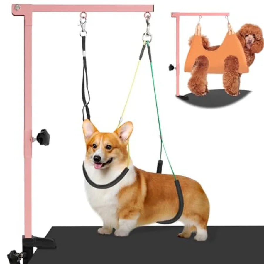 Dog Grooming Arm with Pet Grooming Hammock, 35" Pet Grooming Table Arm with Adjustable No Sit Haunch Holders, Dog Grooming Stan