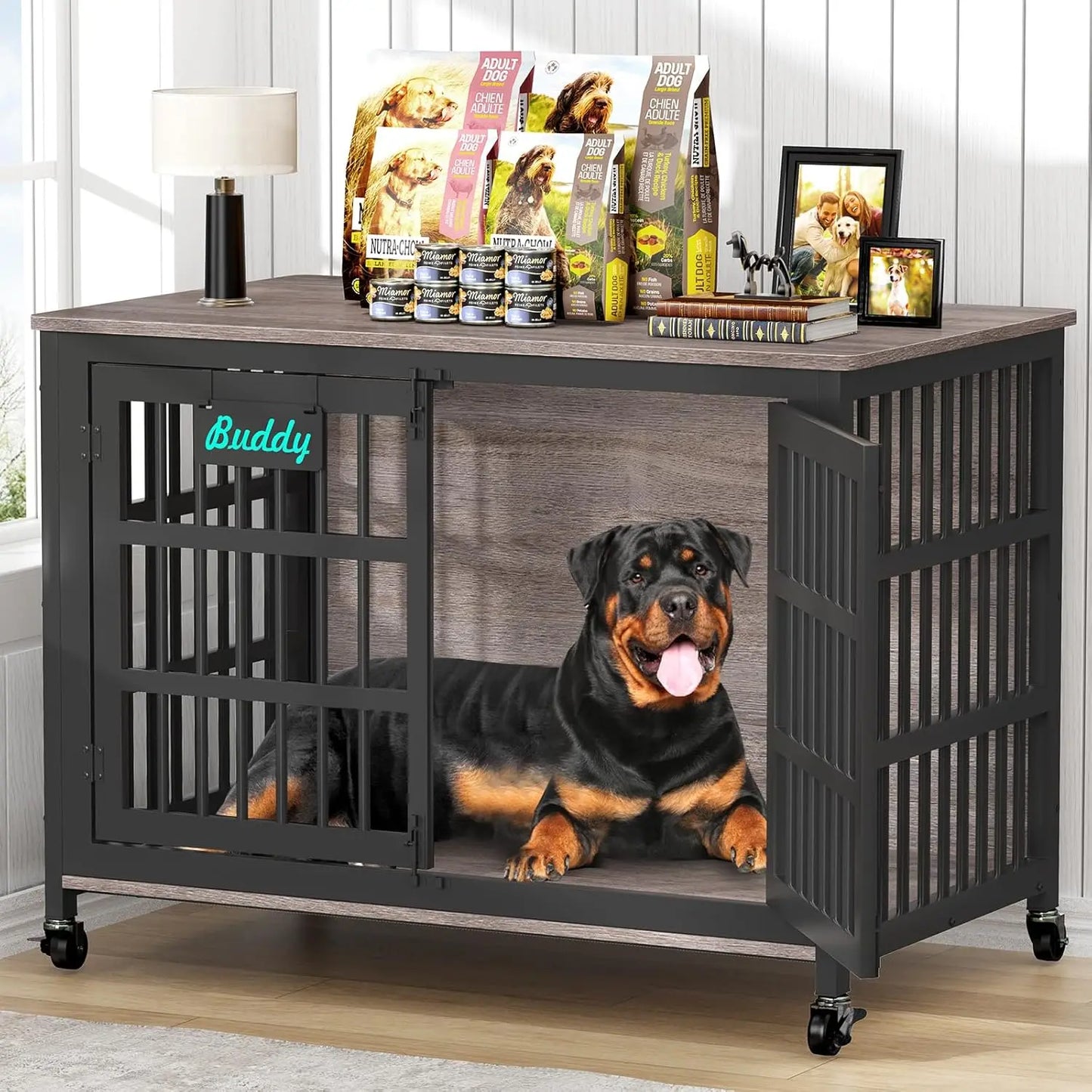 XXL Dog Crate Furniture Casters Heavy Duty Kennel Indoor Escape Chew Proof Large Dogs TV Stand 48/42/33in, Custom