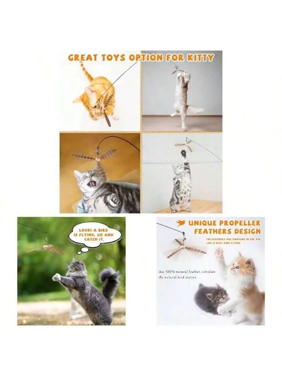 Interactive Feather Cat Toy With 3 Refills 29 Inch Flexible Wire Wooden Handle