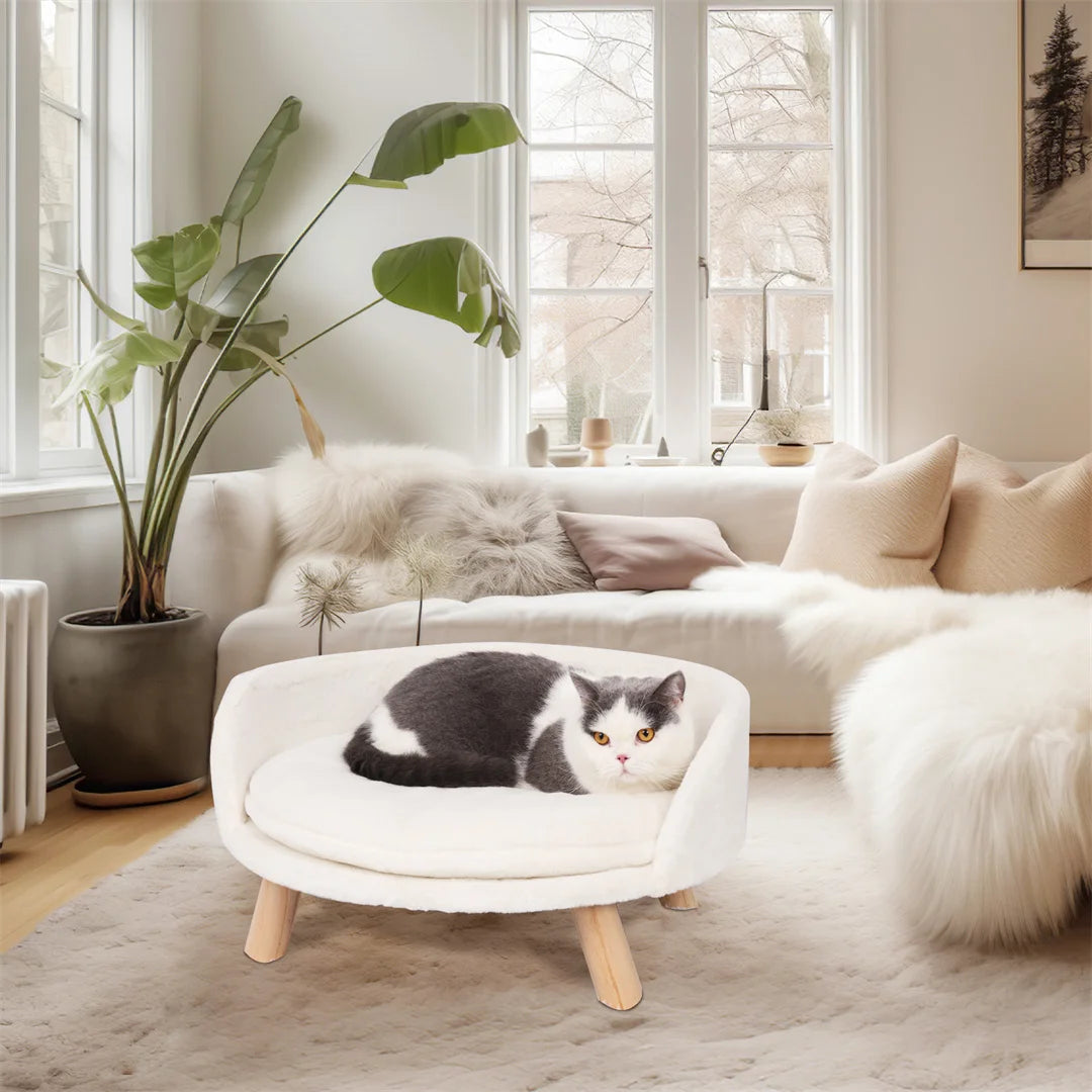 Luxury Soft Warm Plush Cat Bed Nesting Chair with Wood Legs Washable Waterproof Cushion Pad Pet Bed for Small Animals