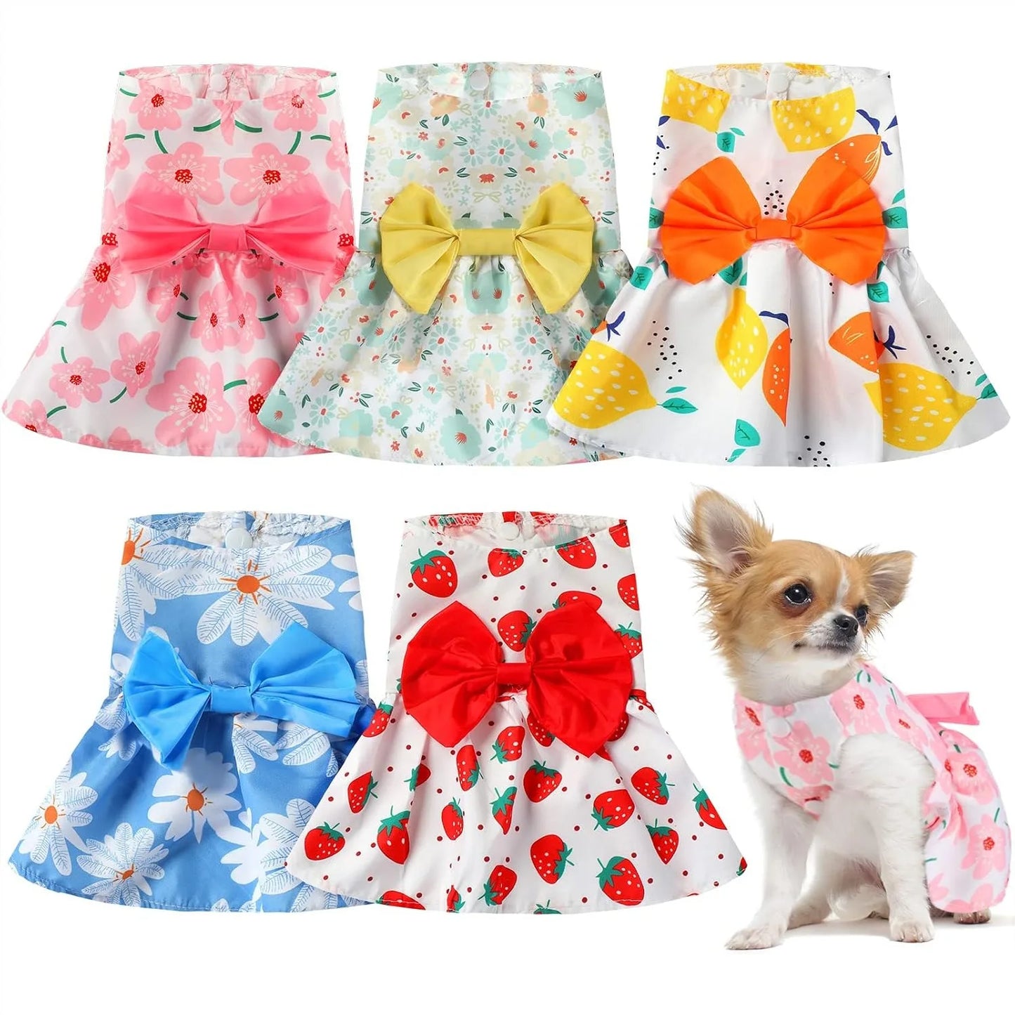 5 Pieces Floral Dog Dress Cute Pet Skirt Puppy Outfits with Bowknot for Small Medium Dogs Cats