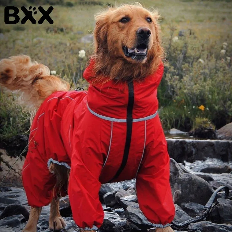 BXX Water‑Resistant Dog Four‑Legged Jumpsuit, Reflective Strap Warm Hooded Pet Windproof Jacket for Medium Large Dogs