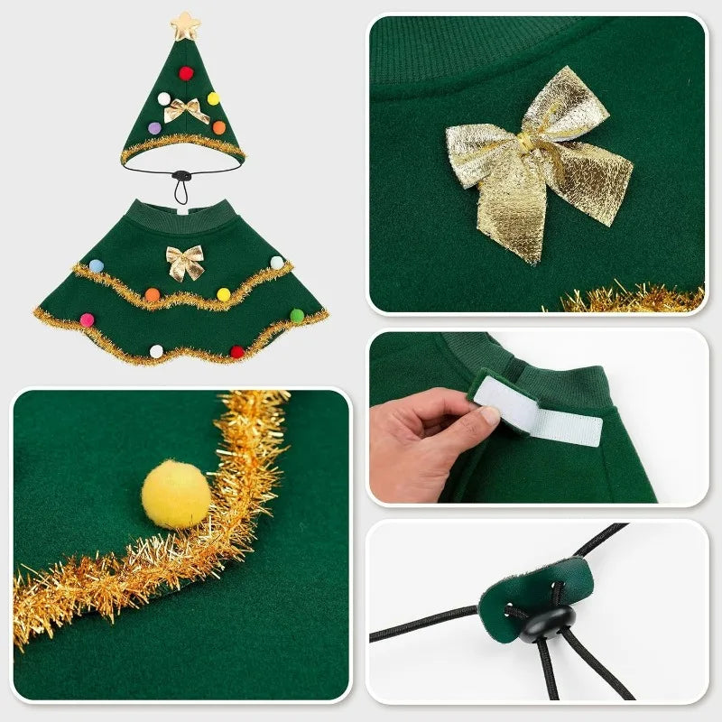 Pet Christmas Tree Cape & Hat Set, Dog Xmas Cosplay Outfit, Cute Holiday Costume for Bichon, Westie, Teddy Small Dogs & Cats
