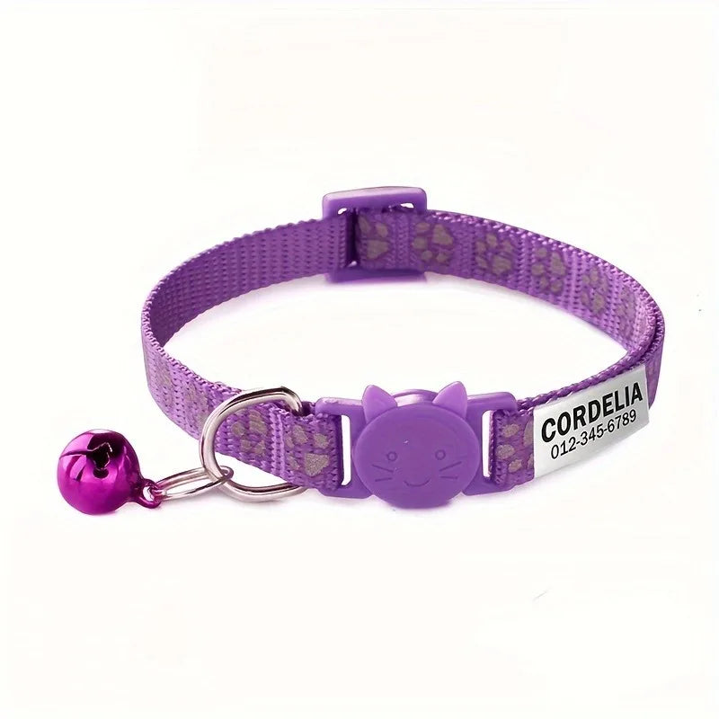 Custom Reflective Paw Cat Collar Personalized ID Adjustable Safety Buckle with Bell Free Engraving Nylon Puppy Kittens Necklace