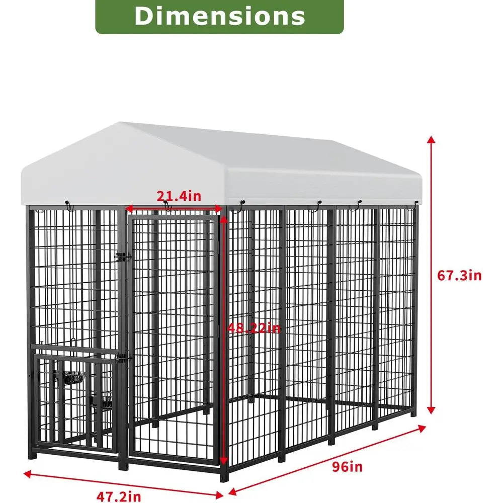 Sturdy Outdoor Dog Enclosure with Swiveling Food Dishes, 8 x 4 x 5.6 ft