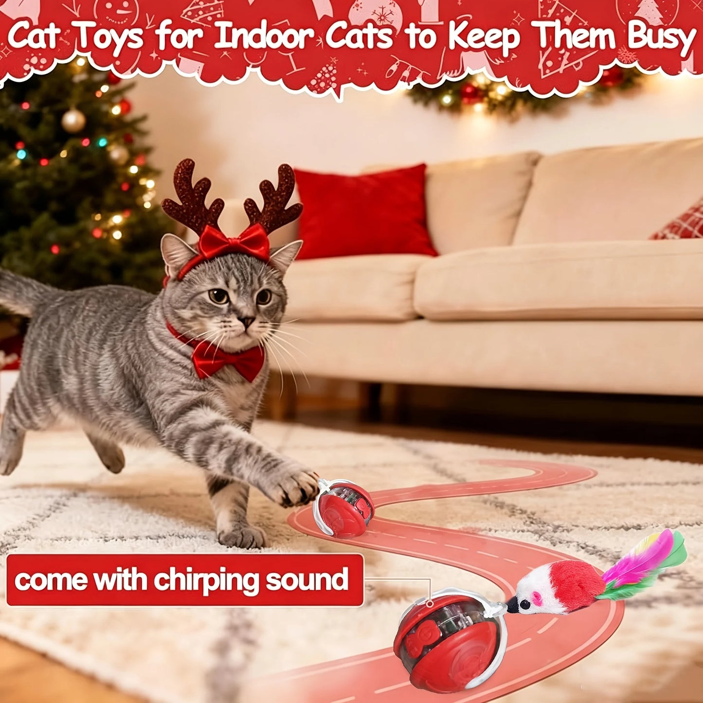 Interactive Cat Toy Ball - Automatic Interactive Cat Toys for Indoor Cats with 1 Tails, 3 Speeds Rechargeable Cat Enrichment Toys for Small/Medium/Large Cats to Keep Them Busy