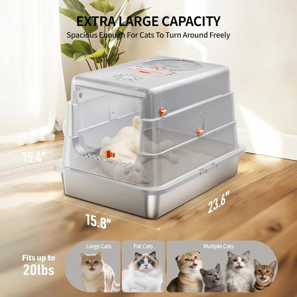 Extra Large Enclosed Stainless Steel Cat Litter Box with High Sides Flip Cover Scoop Step Leak Proof Odor Control