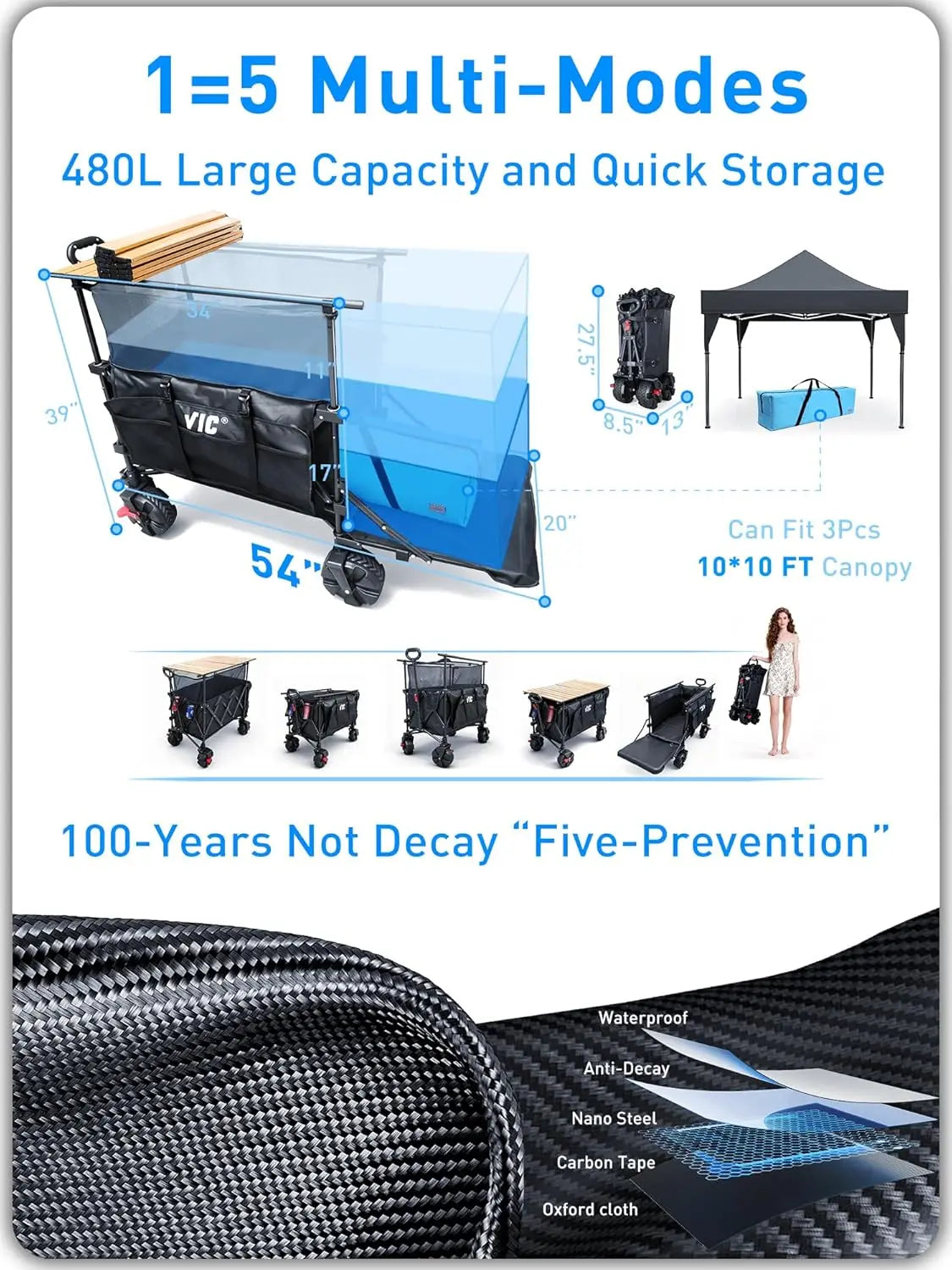 680lbs Super Cart & Table 1=5 Set, 480L Mega Capacity 54" Extra Long Extra high Folding Wagon, Heavy Duty Collapsible Carts with