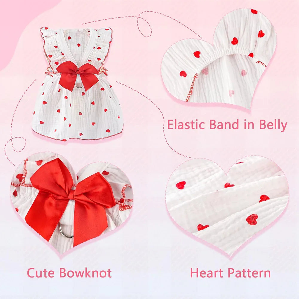 2 Pack Dogs Tutu Dresses Summer Breathable Cotton Puppy Pet Clothes Cute Heart Printed Small Dog Dress Kitty Cat Bowtie Costume