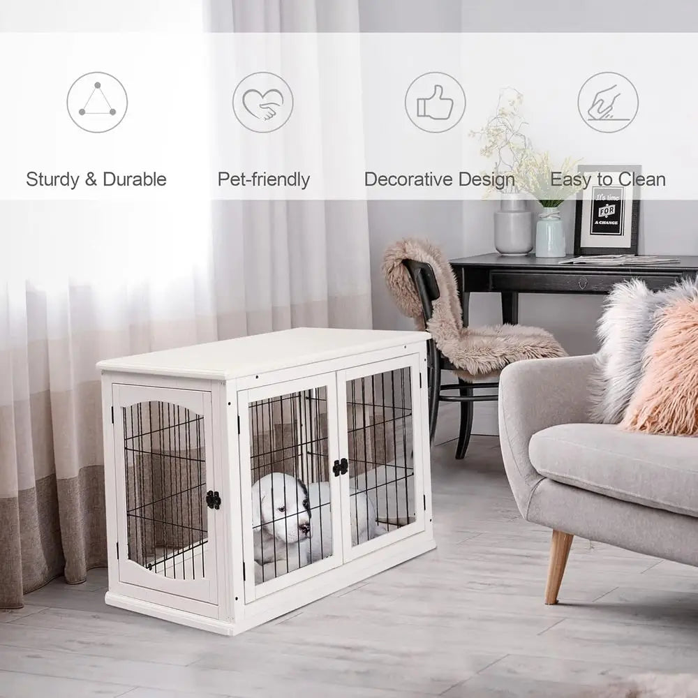 32 Lockable Small Dog Cage End Table, Indoor Puppy Kennel, White