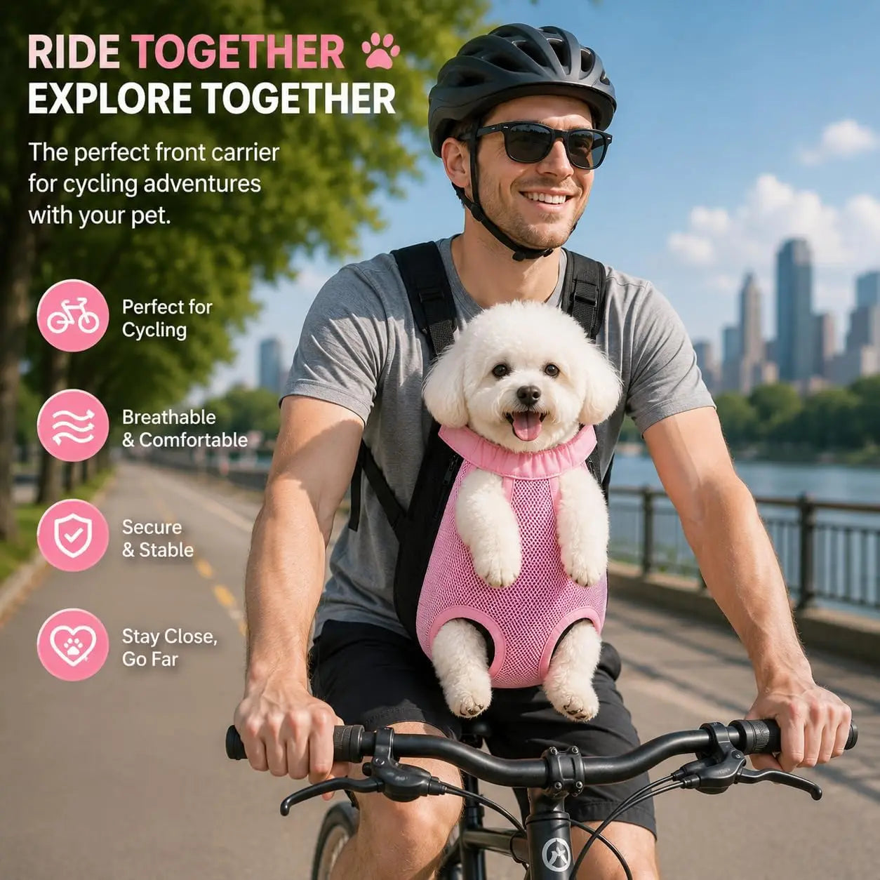 Pet Front Carrier for Small Dogs & Cats, Breathable Legs-Out Design for Cycling, Walking & Travel, Adjustable Hands-Free